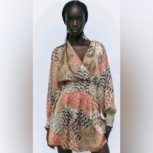 Zara Paisley Floral Silk Like Patterned‎ Boho Longsleeve Mini Dress Size Large
